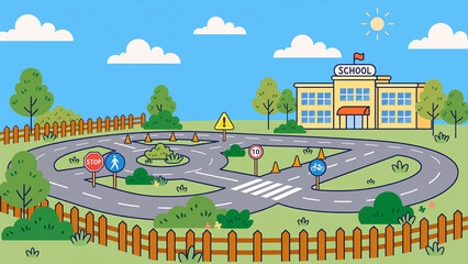 Naklejka premium Colorful cartoon school playground with race track and kids.