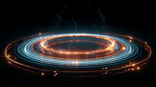 Abstract glowing rings of light create a mesmerizing circular motion, symbolizing energy, technology, and futuristic digital innovation.