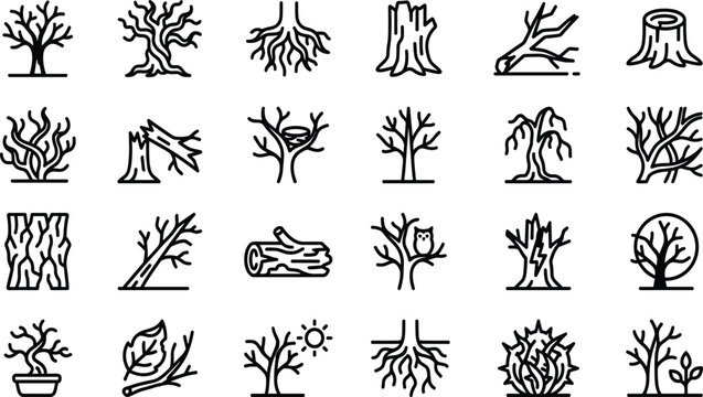 Dead Tree and Bare Branch Icon Set Featuring Stumps Roots Broken Logs and Winter Forest Nature Graphic Elements