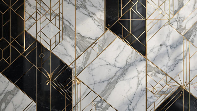 Elegant Geometric Pattern on Marble Background with Gold Accents.