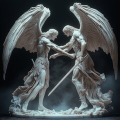 Fototapeta premium Two winged marble angels in tense confrontation, clasping forearms with flowing drapery and a sword amid swirling smoke