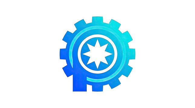 Blue mechanical gear logo with central starburst icon.