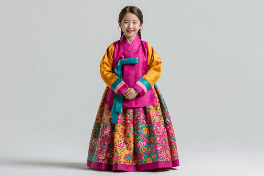 Korean Child in Pink Hanbok Full Body Isolated on White Background