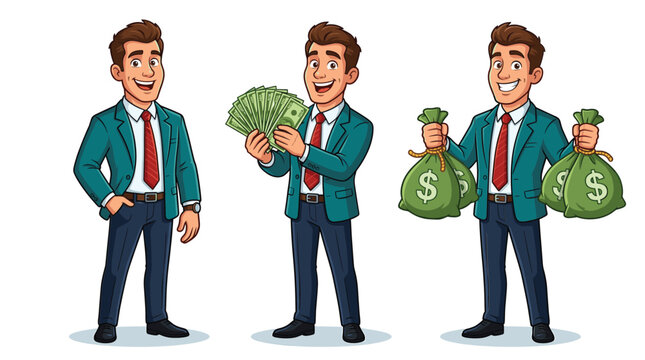 Successful businessman cartoon character set, happy entrepreneur holding cash and money bags, wealthy male professional in suit vector