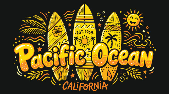 Vintage Pacific Ocean California surf illustration, retro surfboard vector art with palm trees and sun, yellow beach lifestyle graphic
