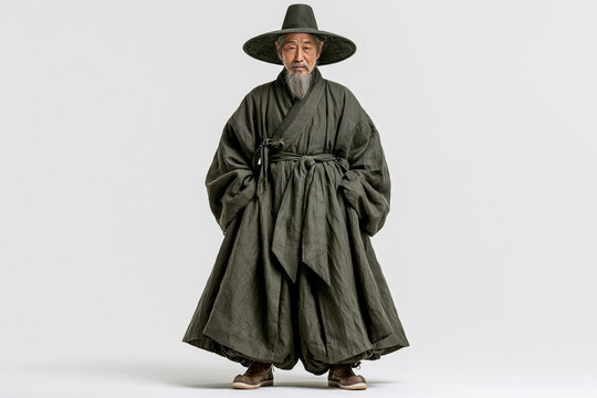 Korean Elderly Man in Traditional Hanbok and Gat Full Body Isolated on White Background