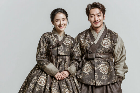 Korean Couple in Traditional Hanbok Full Body Isolated on White Background