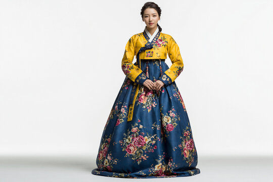 Korean Woman in Yellow and Blue Hanbok Full Body Isolated on White Background