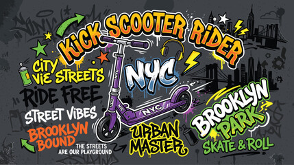 Urban kick scooter rider graffiti vector, street style city vibes illustration, purple scooter with Brooklyn park and NYC typography © Iconify Studio
