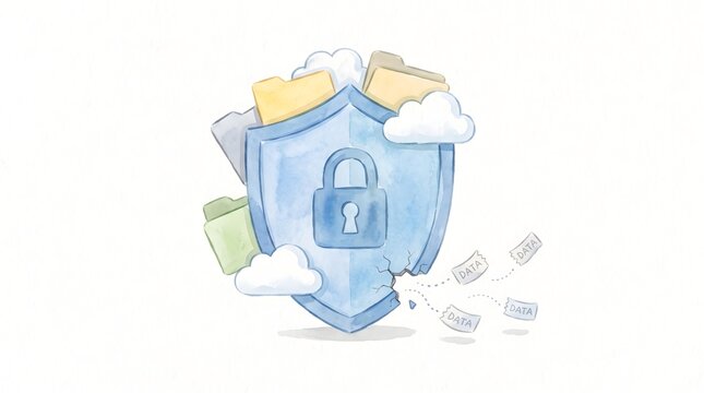 Watercolor Illustration Featuring a Protective Shield for Data Security and Cloud File Management