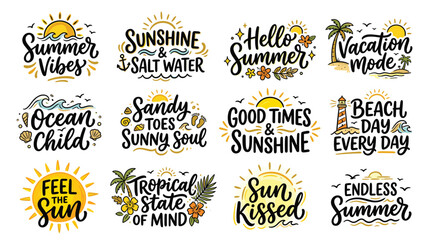 Summer lettering quotes vector set, beach vacation typography with sun and palm trees, 12 tropical holiday hand drawn slogans for apparel © Iconify Studio