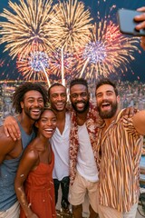 Fototapeta premium Friends taking a rooftop selfie with fireworks over the city during a joyful night celebration