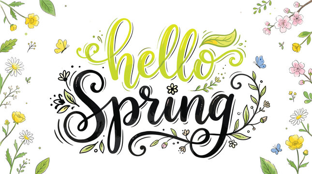 Hello Spring hand lettering vector illustration, seasonal floral border with butterflies and wildflowers, elegant botanical greeting card design