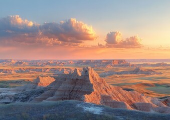 Naklejka premium Sunlit layered badlands and jagged rock formations across sweeping plains under a pastel sky with soft clouds, a serene and expansive golden hour landscape