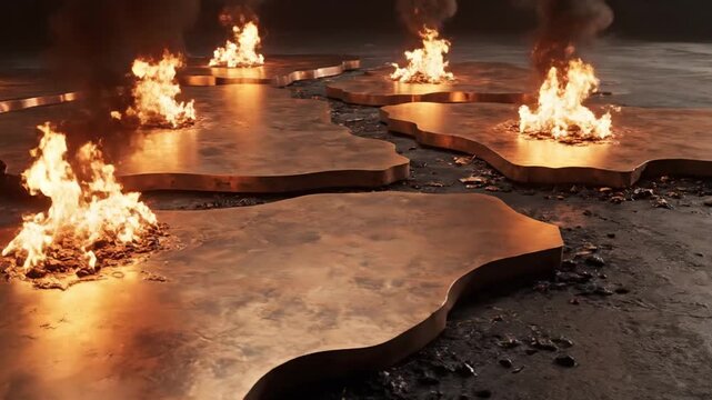 Metal plates shaped like continents burn with flickering flames to represent the volatile state of geopolitical landscapes.