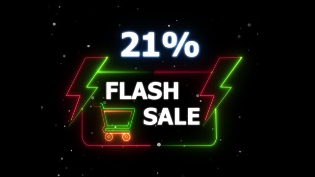 Flash Sale 21 Percent Discount Neon Banner Animation on Black Background &ndash; motion text 4k video with alpha channel