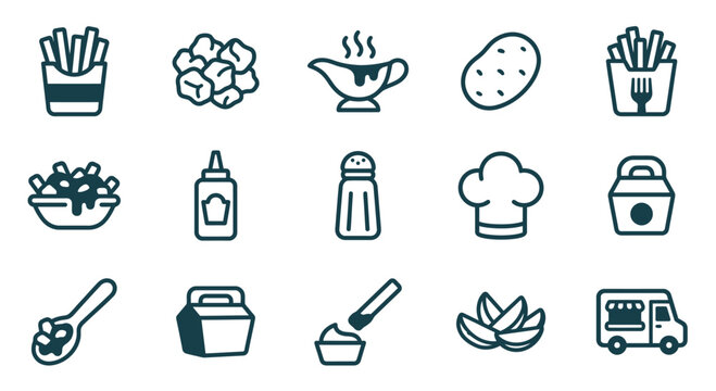 Collection of 15 minimalist black and white line icons featuring poutine elements like french fries, cheese curds, gravy boat, potato, ketchup bottle, salt shaker, and takeout box.