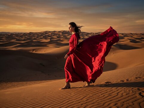 Elegant woman in a long red dress walking through the desert at sunset