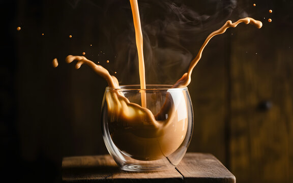 Hot Indian Chai Tea Being Poured into a Glass Cup with Dramatic Splash Effect Motion Freeze High Shutter Speed Cinematic Lighting on Dark Background Ultra Realistic Beverage Photography

