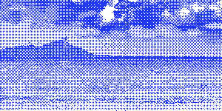 Blue pixelated bitmap gradient texture background. Retro pixel art landscape with cloud border, halftone fade pattern, sky horizon in 8 bit video game style. Vector illustration