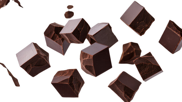 Isolated delicious dark chocolate chunks and broken pieces in dynamic free fall motion