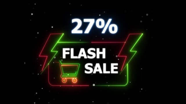 Flash Sale 27 Percent Discount Neon Banner Animation on Black Background &ndash;motion text 4k video with alpha channel