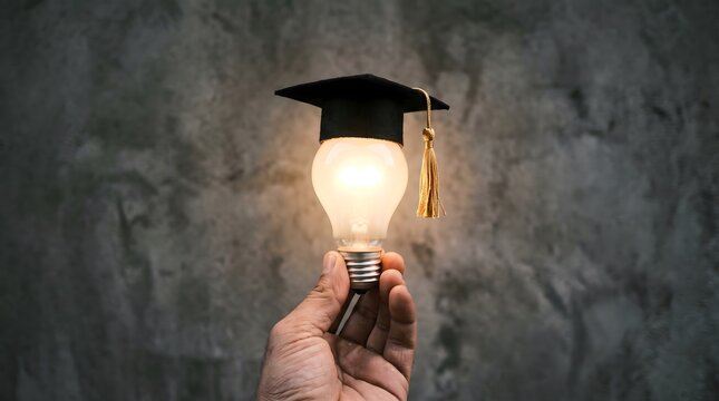 A hand holding a glowing light bulb wearing a black graduation cap against a dark rustic concrete wall representing academic success and bright ideas for future education goals
