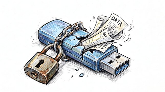 Data Security Concept Featuring a Broken USB Drive Secured by a Heavy Padlock and Metal Chain