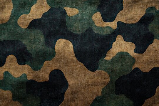 Worn rugged camouflage canvas with green, brown and black splotches and textured fabric surface conveying utilitarian, stealthy, outdoorsy mood