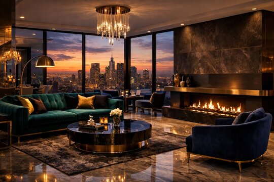 Luxury Modern Living Room with Panoramic City Skyline View and Elegant Contemporary Interior