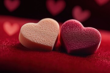 Obraz premium Two porous heart-shaped foam pieces resting on red velvet with soft heart bokeh and warm romantic mood