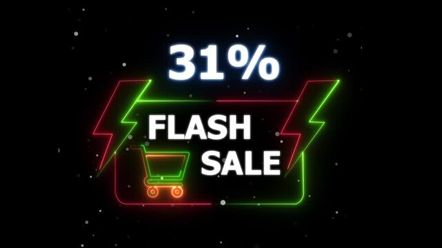 Flash Sale 31 Percent Discount Neon Banner Animation on Black Background &ndash; motion text 4k video with alpha channel
