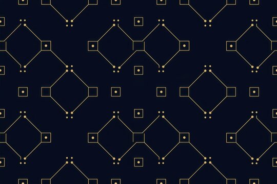 Seamless geometric pattern with thin gold lines forming diamond shapes and small square on a dark navy blue background, for digital usage