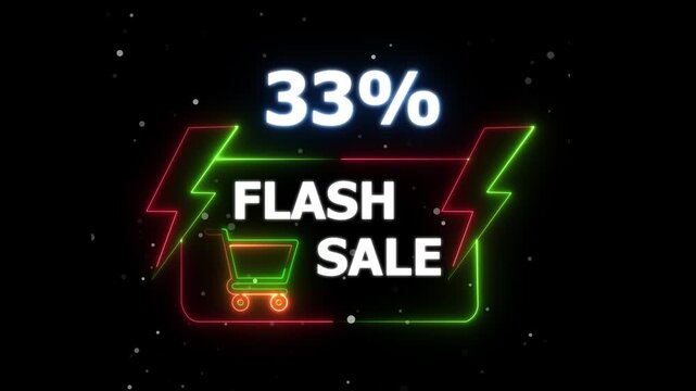 Flash Sale 33 Percent Discount Neon Banner Animation on Black Background &ndash; motion text 4k video with alpha channel