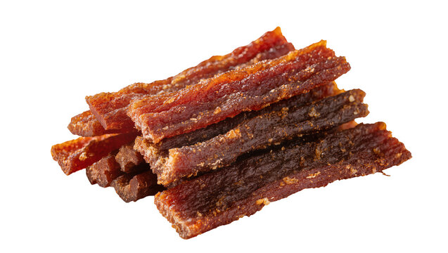 Isolated appetizing stack of sweet and savory Asian dried meat jerky strips, delicious snack