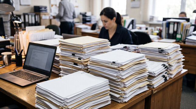 paperwork stack on office desk, document management, admin workload, filing backlog, laptop, blurred employee, business paperwork, office administration, records processing, compliance