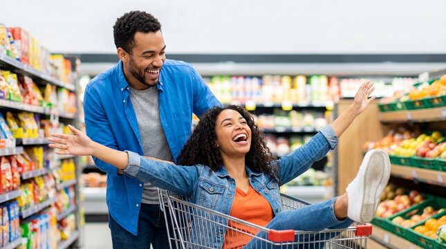 Man pushing woman in shopping cart in supermarket