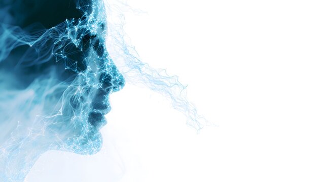 Elegant science backdrop showing glowing plexus face profile with digital signal wave extending forward