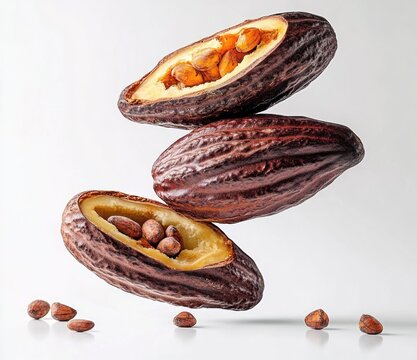 three floating cacao pods split open revealing glossy cocoa beans and creamy cocoa butter on a clean white background, warm inviting earthy mood