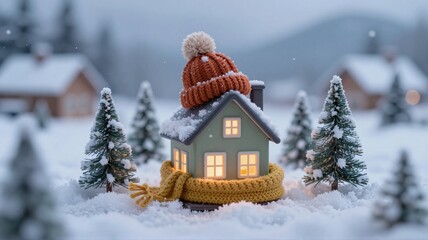 Naklejka premium House wearing hat and scarf in snowy safe haven