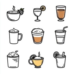 Obraz premium Nine playful beverage icons showing steaming tea with lemon and mint, cocktail with citrus, tall iced glass, lidded cup, frothy coffee and blended shake — cozy and cheerful assortment