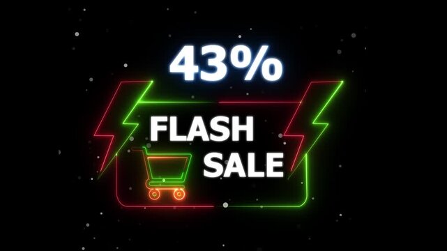 Flash Sale 43 Percent Discount Neon Banner Animation on Black Background &ndash; motion text 4k video with alpha channel