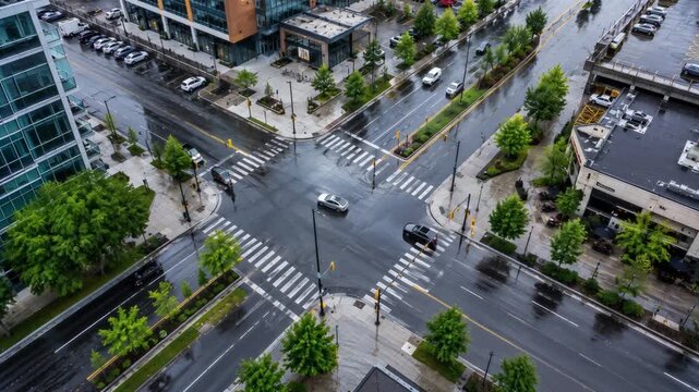 Aerial view of urban intersection with rainy weather and greenery  