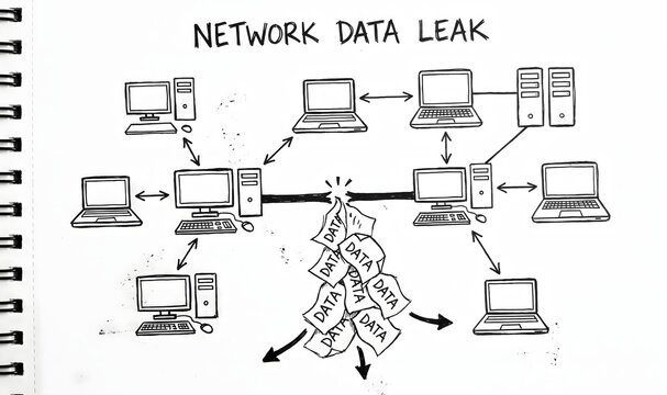 Conceptual Sketch Illustrating Network Security Vulnerabilities and Potential Data Breach Risks