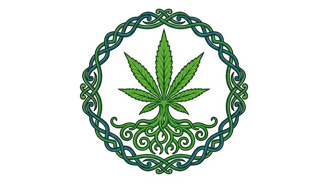 Cannabis leaf with tree roots in celtic circle.