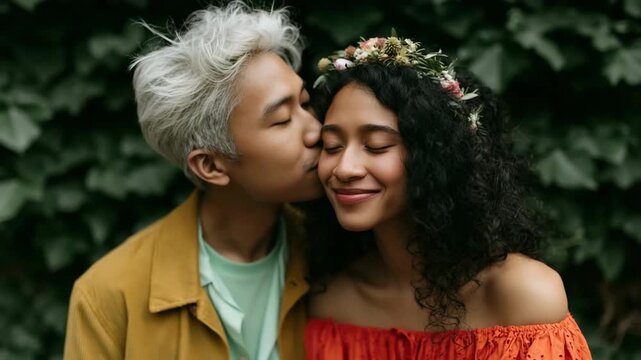 Couple kissing affectionately in garden with ivy backdrop