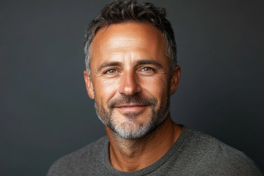 studio headshot of a calm middle-aged man with salt-and-pepper hair wearing a gray crewneck sweater against a dark neutral background, face intentionally obscured