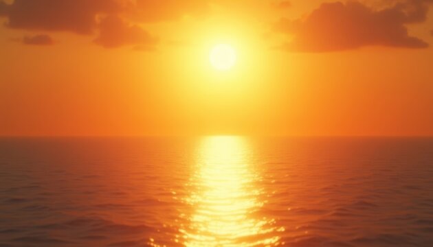 A golden sunset over the calm ocean horizon with soft clouds and light reflecting on the water