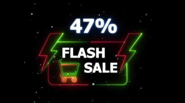 Flash Sale 47 Percent Discount Neon Banner Animation on Black Background &ndash;motion text 4k video with alpha channel
