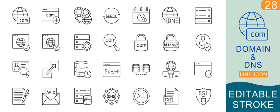 Domain & DNS Editable Stroke Line Icon Set &ndash; Domain Registration, DNS Records, Nameserver, WHOIS, SSL, IP Address, Internet Infrastructure Outline Icons